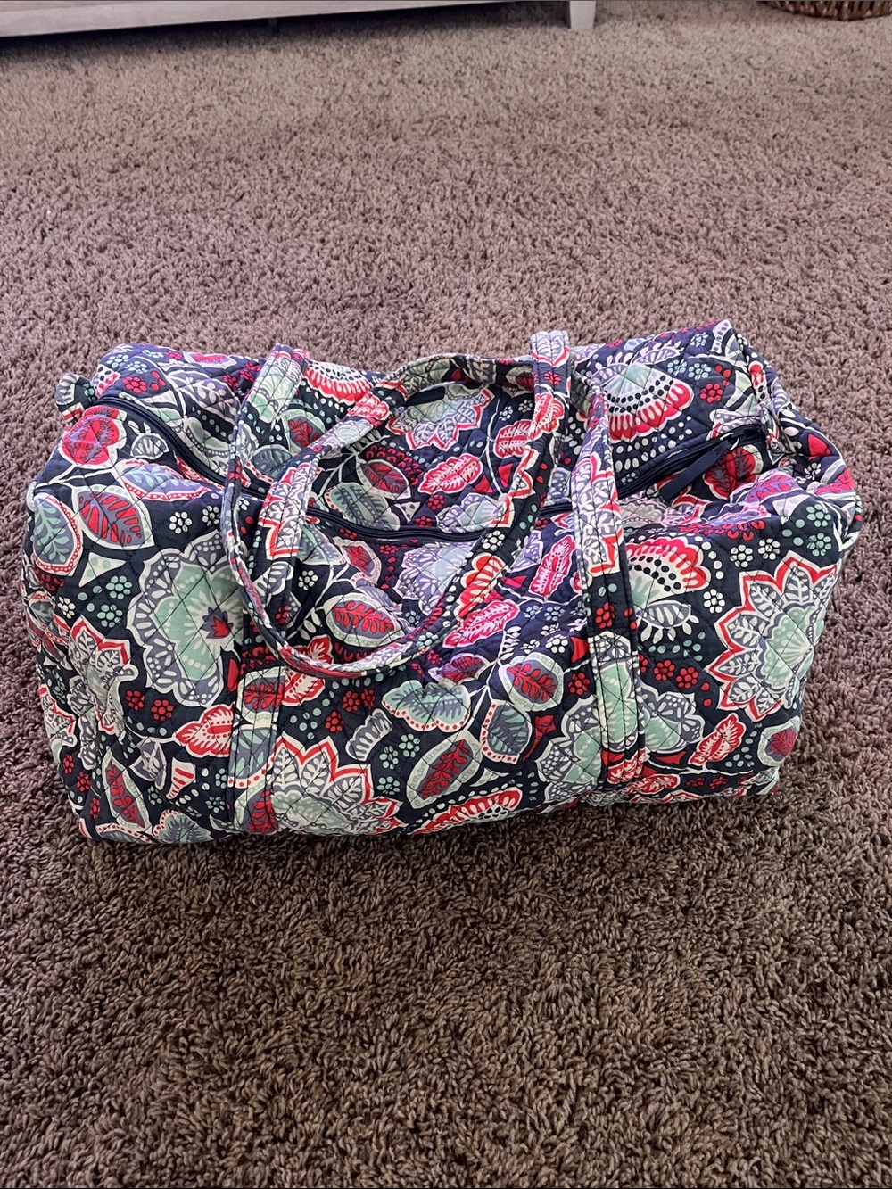 Vera Bradley Navy Quilted Floral Travel Duffel with Red & Mint Accents